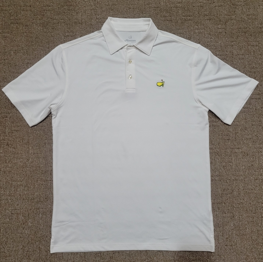 Masters Tech Polo Shirt Men's MEDIUM White Augusta Logo Golf Short Sleeve